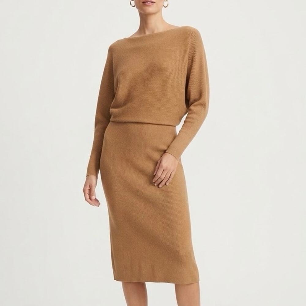 Banana Republic Camel Brown Boat Neck Ribbed Knit Midi Sweater Dress NWT Size L